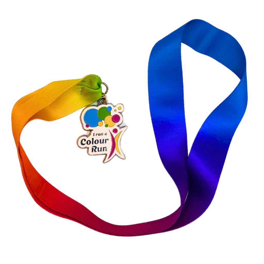 a medal on a colorful lace that says 'I ran a colour run'